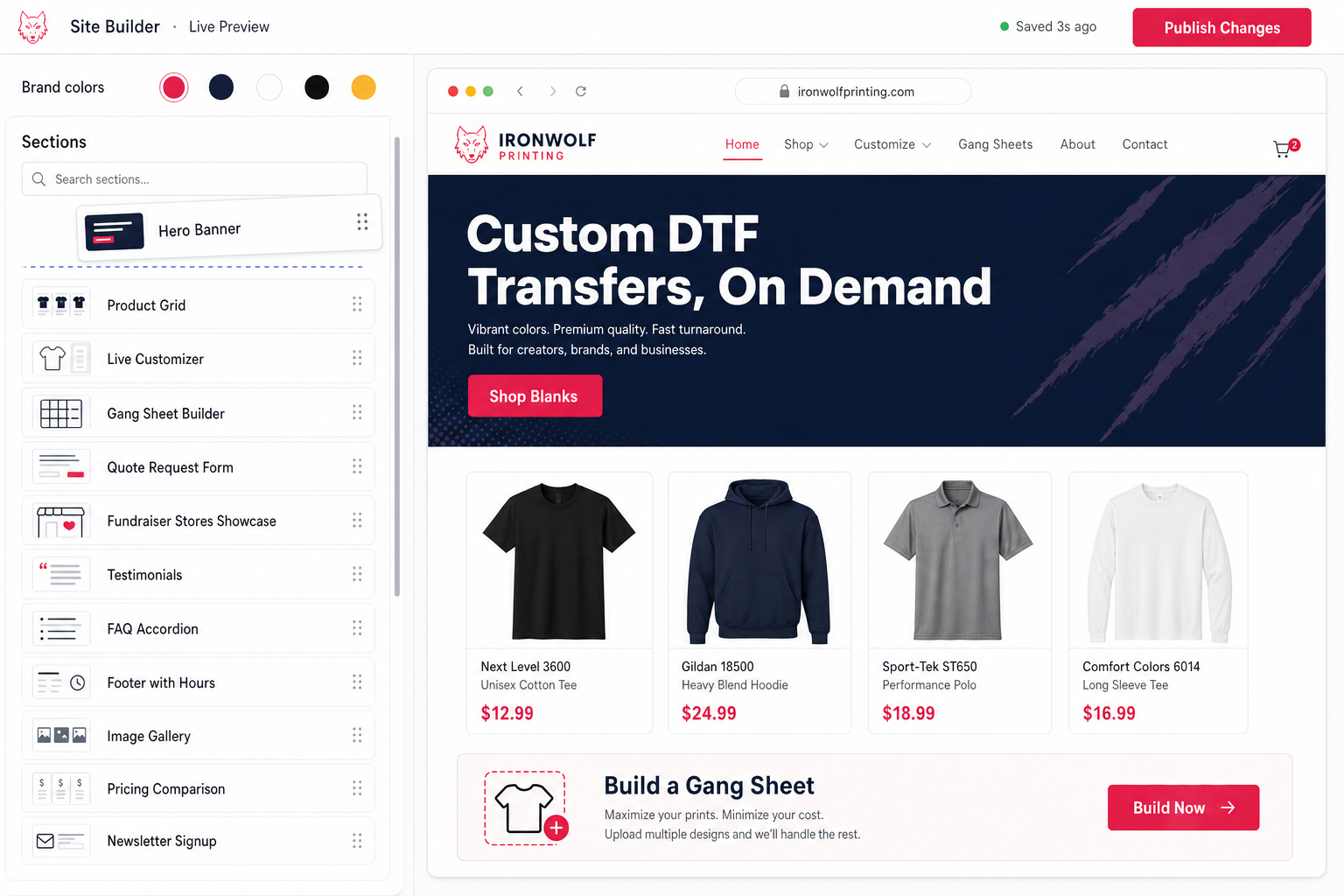 The PressOS site builder in split-screen: a drag-and-drop section library on the left (Hero, Product Grid, Live Customizer, Gang Sheet Builder, Quote Form, FAQ, Footer, etc.) with brand color picker, and a live preview of a fully-branded DTF shop storefront on the right with a hero banner, 4-product grid, and a Build a Gang Sheet CTA